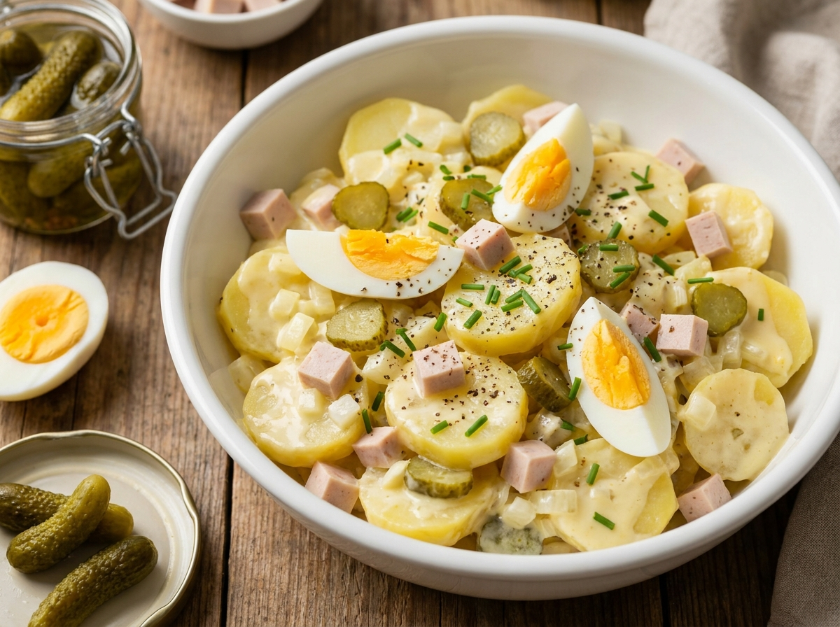 Kartoffelsalat mit Ei, Fleischwurst und Gewürzgurken in einer weißen Schüssel