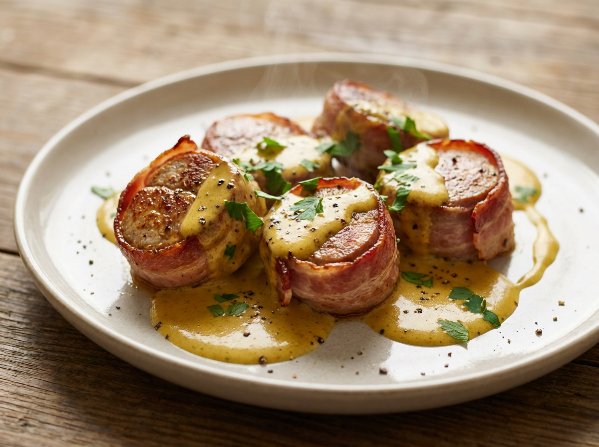 Schweinefilet-Medaillons im Speckmantel mit Currysauce auf einem Teller